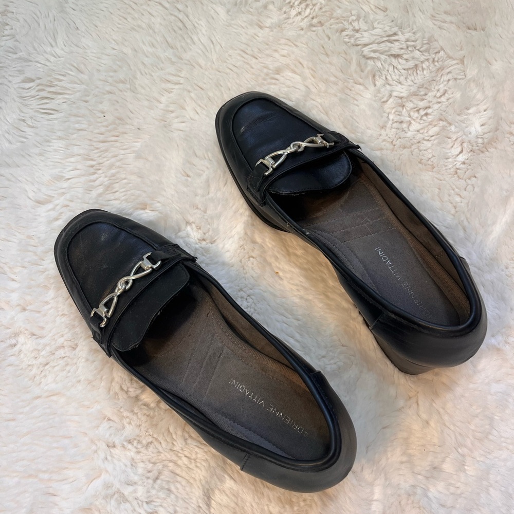 Adrienne Vittadini Black Loafers with Silver Chain